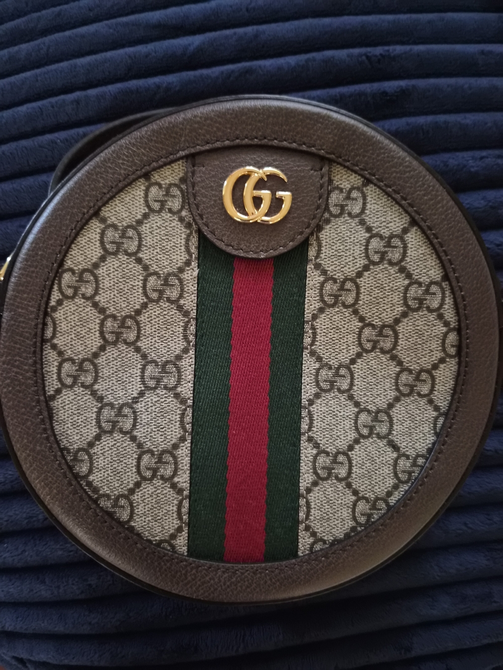 Gucci Brown GG Supreme Round Belt Bag with Red and Green Web Stripe